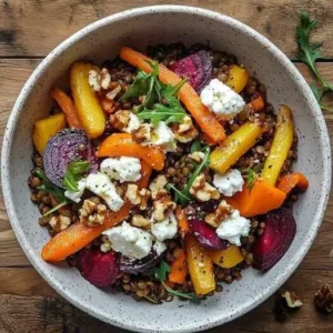 Salade de Lentilles, Légumes Rôtis, Noix et Chèvre
