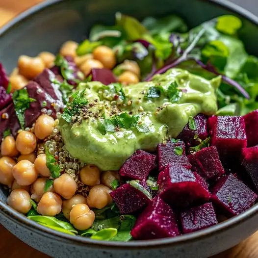 Salade de betterave, quinoa et pois chiches, sauce à la crème d'avocat et citron