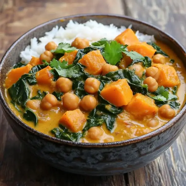 curry de pois chiches, patate douce et épinards au lait de coco