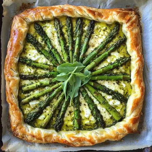 Tarte Soleil aux Asperges Vertes, Pesto de Roquette et Chèvre Frais