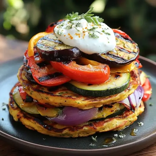Crêpes de Pois Chiches aux Légumes Grillés et Sauce Yaourt-Citron