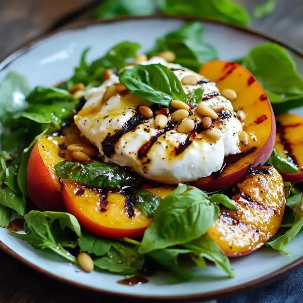Salade Composée Pêches Grillées, Burrata & Pignons Grillés
