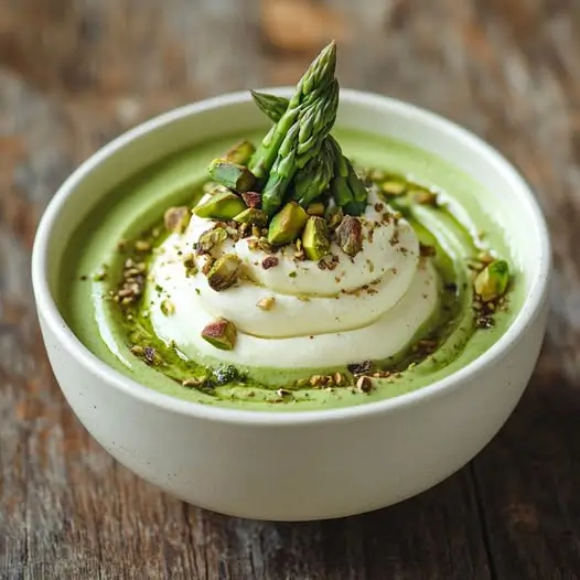 Velouté d’Asperges Vertes & Mousse de Chèvre, crumble de pistaches: un délice onctueux à s’en Lécher Les Doigts!