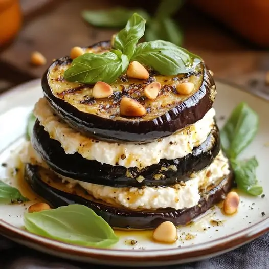 Millefeuille d’Aubergines Grillées, Ricotta au Citron & Pignons Toastés