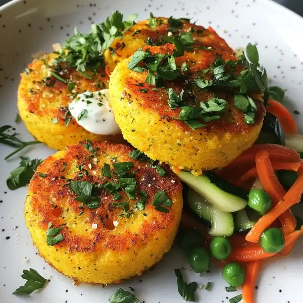 Galettes de Polenta au Curcuma, Légumes Printaniers et Yaourt Herbé