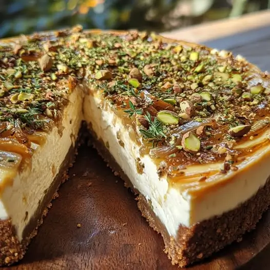 cheesecake salé aux oignons et feta, croûte de pistache