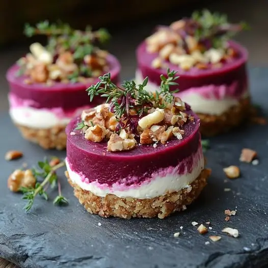 Mini cheesecakes salés betterave & chèvre, base aux noix