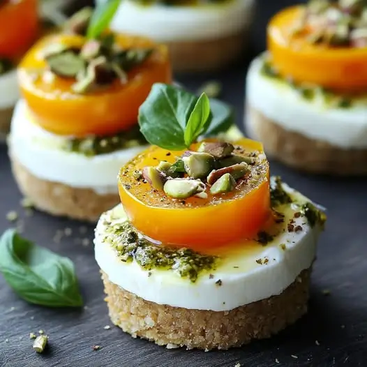 Mini Cheesecakes Salés à la Tomate Jaune, Mozzarella et Pesto de Pistache