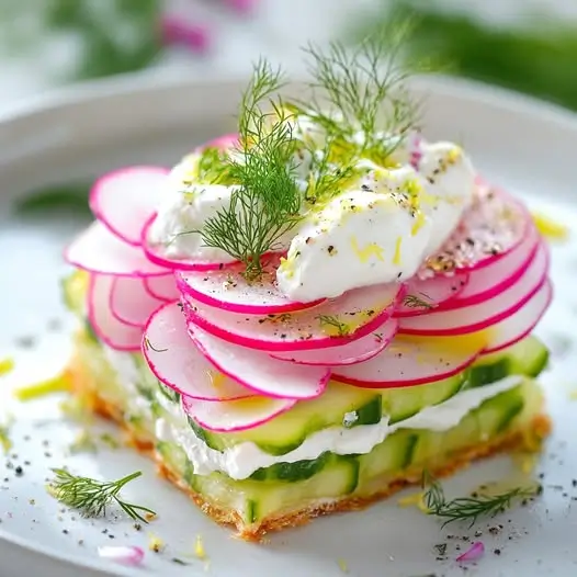 Millefeuille de Radis Roses et Concombre, Crème Fouettée Salée à l'Aneth et aux Baies Roses