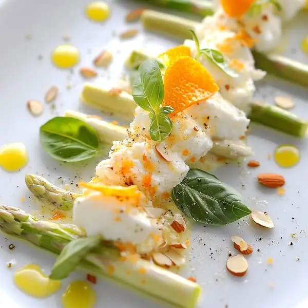Tartare d'Asperges Blanches & Vertes, Ricotta Salée, Zeste d'Orange & Amandes Effilées
