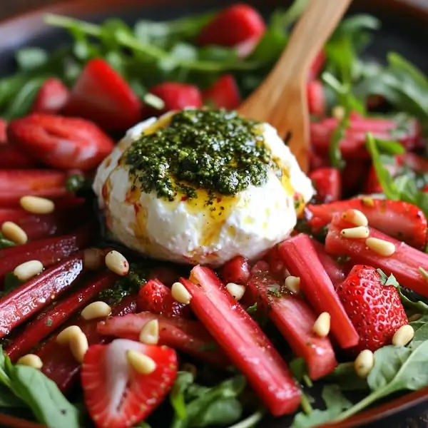 Salade de Rhubarbe Rôtie, Fraises & Burrata, Pesto de Basilic