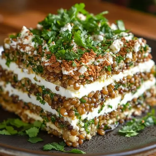 Tiramisu de Lentilles, Feta et Coriandre Fraîche