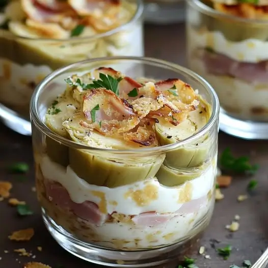 Tiramisu Salé aux Artichauts Poêlés, Jambon de Pays et Parmesan Croustillant