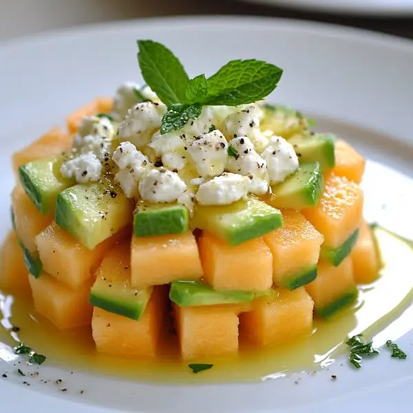 Tartare de Melon, Avocat & Chèvre Frais, Vinaigrette au Miel et Citron Vert