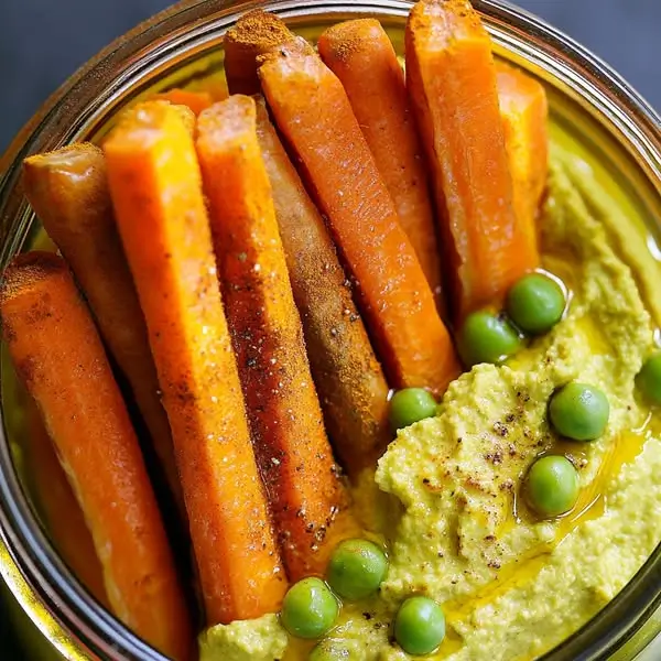 Pickles de Carottes au Curcuma & Gingembre, Servies avec Houmous de Petits Pois