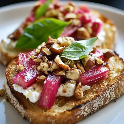 Tartine de Rhubarbe Rôtie, Chèvre Chaud etNoisettes de Basilic