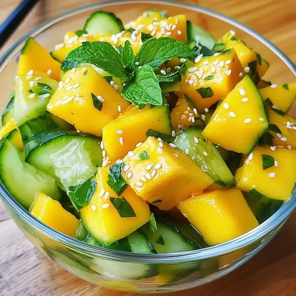 Salade Fraîche de Concombre, Mangue et Menthe, Vinaigrette au Miel et Citron Vert