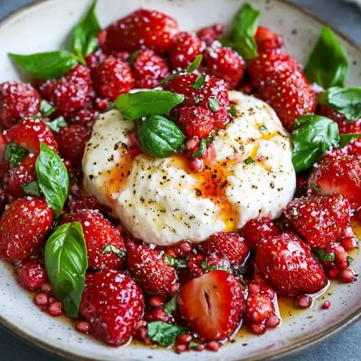 Burrata aux Fraises Rôties, Sureau & Poivre Rose