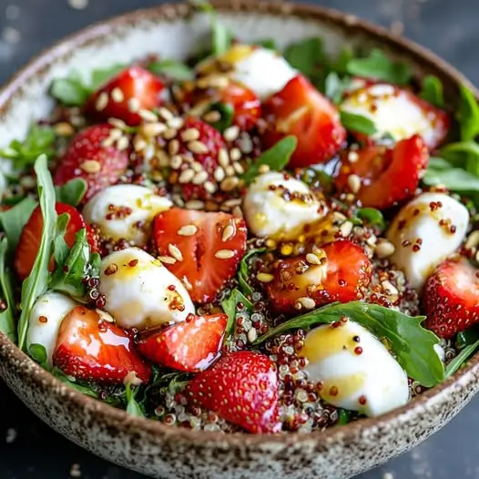 Salade de Quinoa, Fraises et Mozzarella, Vinaigrette au Miel