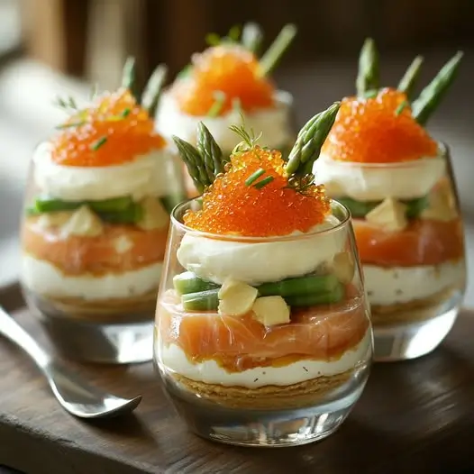 Tiramisu Salé aux Asperges Blanches, Saumon Fumé et Œufs de Truite