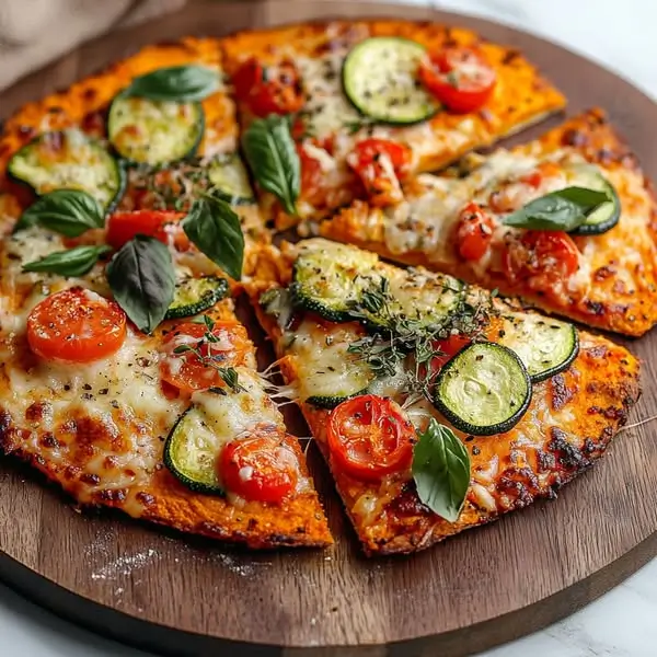 Pizza à base de patate douce avec légumes de saison et fromage affiné