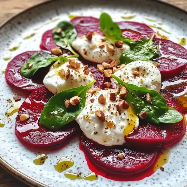 Carpaccio de Betterave, Burrata & Pousses d'Épinards, Éclats de Noisettes