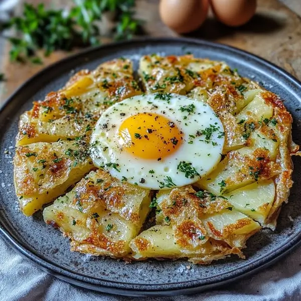 Galette de Pommes de Terre Nouvelles, Œuf Coulant et Herbes Fraîches