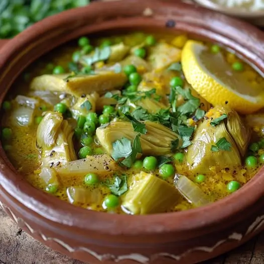 Tajine Léger de Printemps aux Fonds d'Artichauts (Qanariya), Petits Pois et Citron Confit