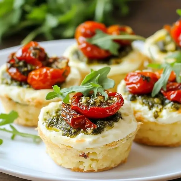 Mini Cheesecakes Salés Pesto de Roquette, Parmesan & Tomates Séchées