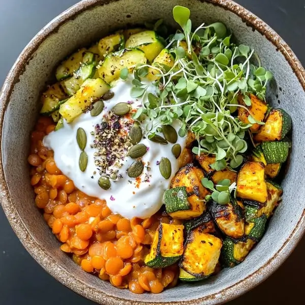 Bowl Végétal Lentilles Corail, Courgette Rôtie & Sauce Yaourt-Menthe