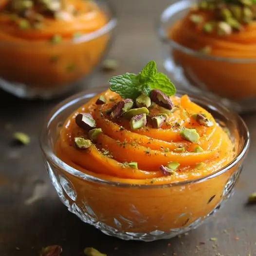 Mousse de Carottes à l’Orange, Éclats de Pistaches et Yaourt au Cumin