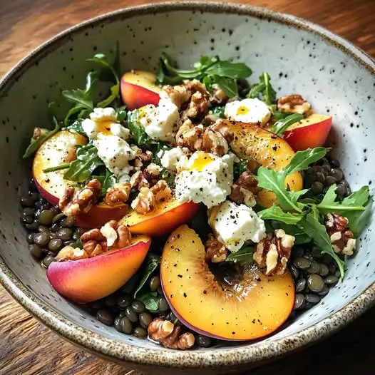 Bowl Estival de Lentilles Vertes, Nectarine, Feta et Vinaigrette au Miel