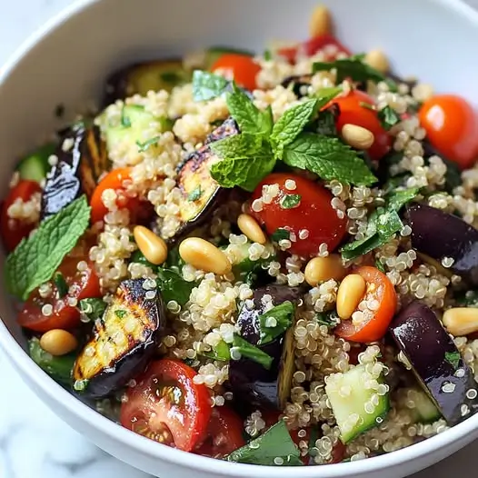 Salade Méditerranéenne Aubergines Grillées, Quinoa & Pignons