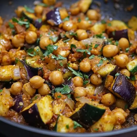 Poêlée d’Aubergines, Courgettes & Pois Chiches au Cumin Doux
