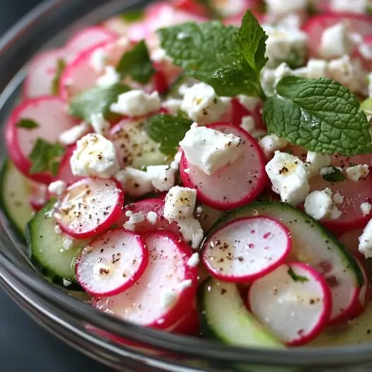 Salade Croquante de Radis, Concombre et Féta au Vinaigre de Framboise
