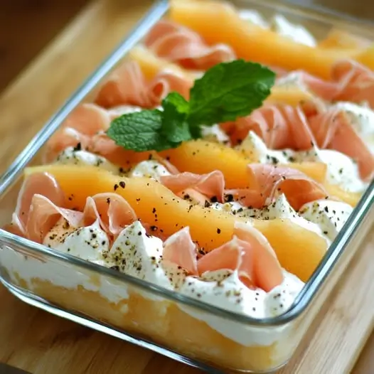Tiramisu Estival au Melon, Jambon Sec & Fromage Frais