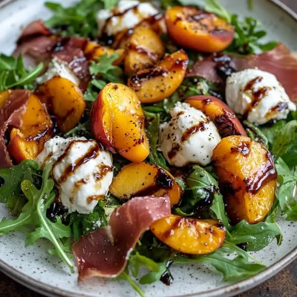 Salade de Pêches Rôties, Jambon Cru & Burrata