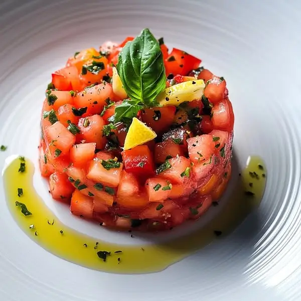 Tartare de Tomates, Fraises & Basilic – Huile d’Olive Vanillée