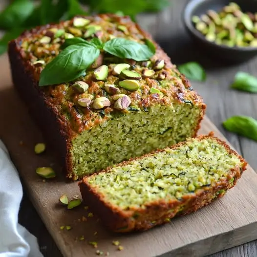 Cake Moelleux Courgette, Basilic Frais et Pistaches Croquantes