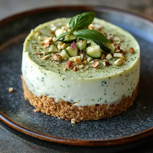 Cheesecake Salé Courgette-Basilic sur Lit de Pistaches