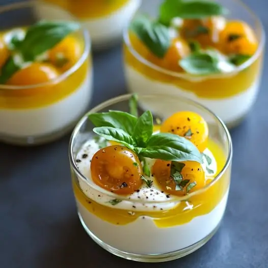 Panna Cotta Salée à la Tomate Jaune, Basilic et Yaourt Grec