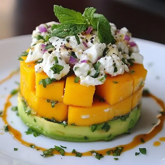 Timbal de Mangue, Avocat et Fromage de Chèvre aux Herbes Fraîches