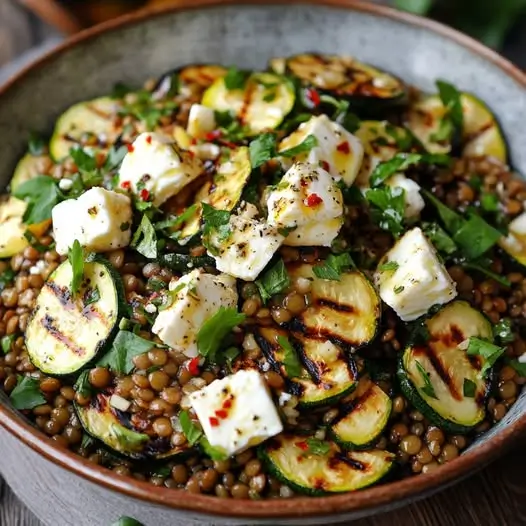 Salade de Lentilles, Courgettes Grillées et Féta Marinée