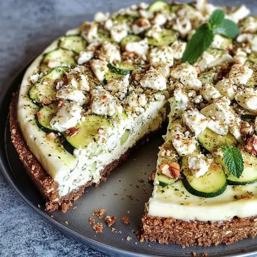 Cheesecake Salé Courgette, Feta et Menthe sur Lit de Noix