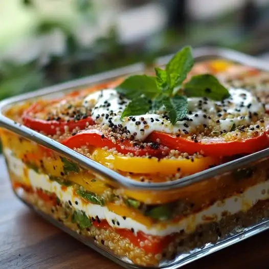 Lasagnes Froides de Poivrons, Quinoa et Sauce Yaourt-Menthe
