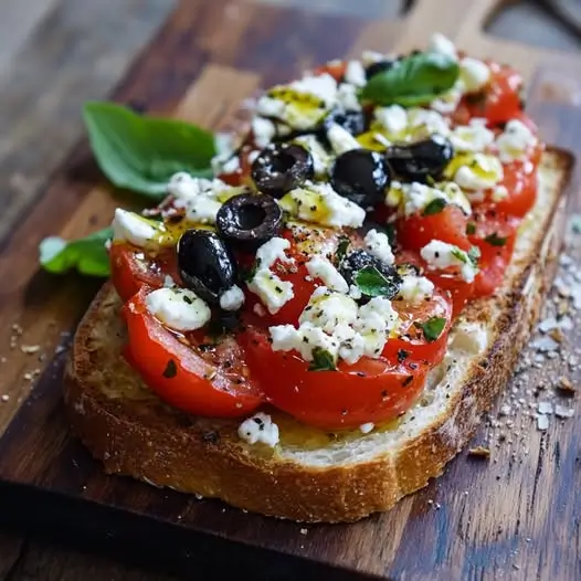 Tartine Méditerranéenne : Tomates, Feta et Olives Noires sur Pain Doré