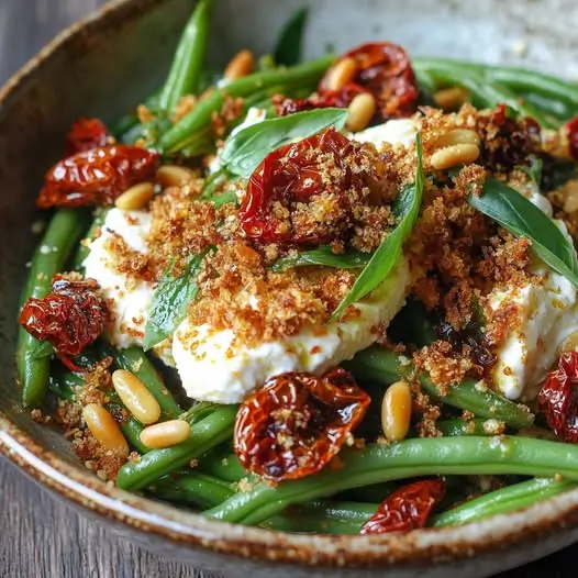 Salade d’Été Haricots Verts, Tomates Séchées et Burrata Croustillante