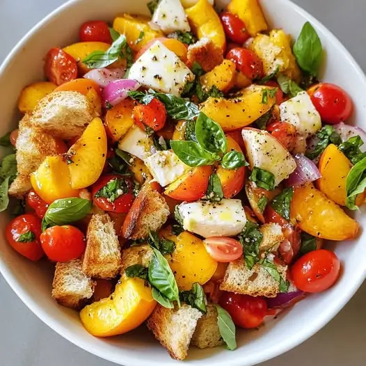 Panzanella aux Pêches Jaunes, Basilic et Mozzarella di Bufala