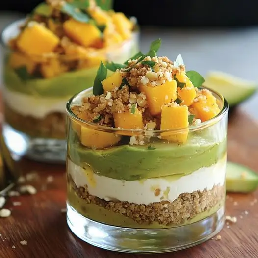 Cheesecake Salé Avocat-Mangue, Citron Vert et Crumble de Noisettes