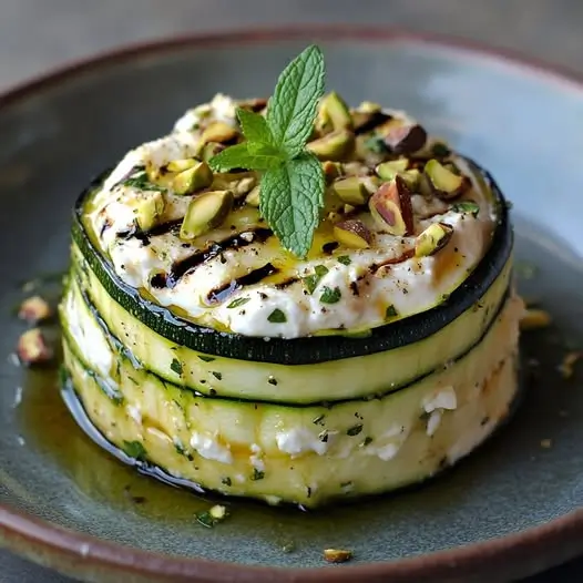 Timbal de Courgettes Grillées, Chèvre Frais et Pistaches